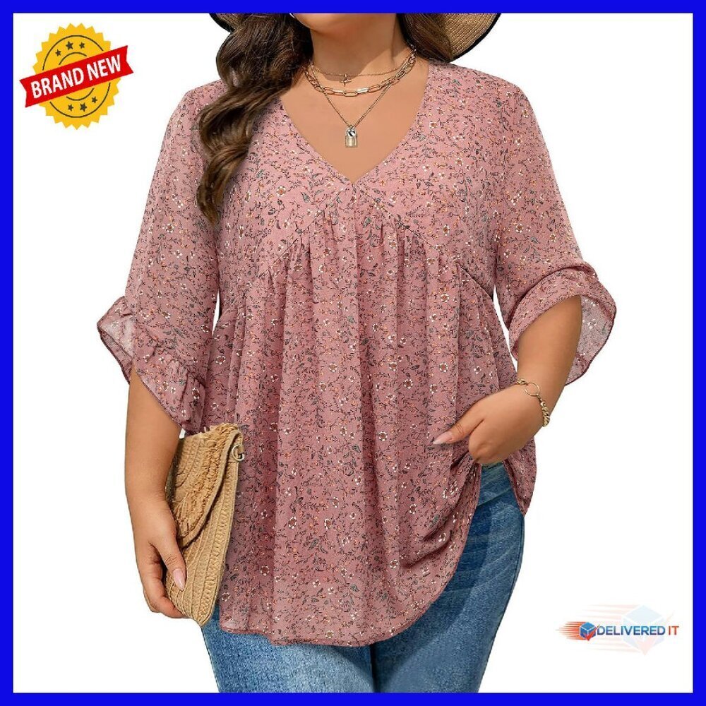 Plus Size Chiffon Tunic Top with Ruffled 3/4 Sleeves V-Neck